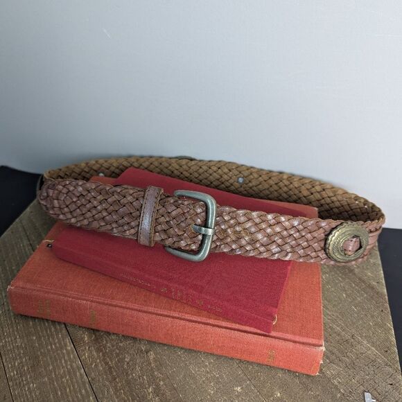 Women's brown leather woven belt Vintage western cowboy buckles M - Picture 1 of 8